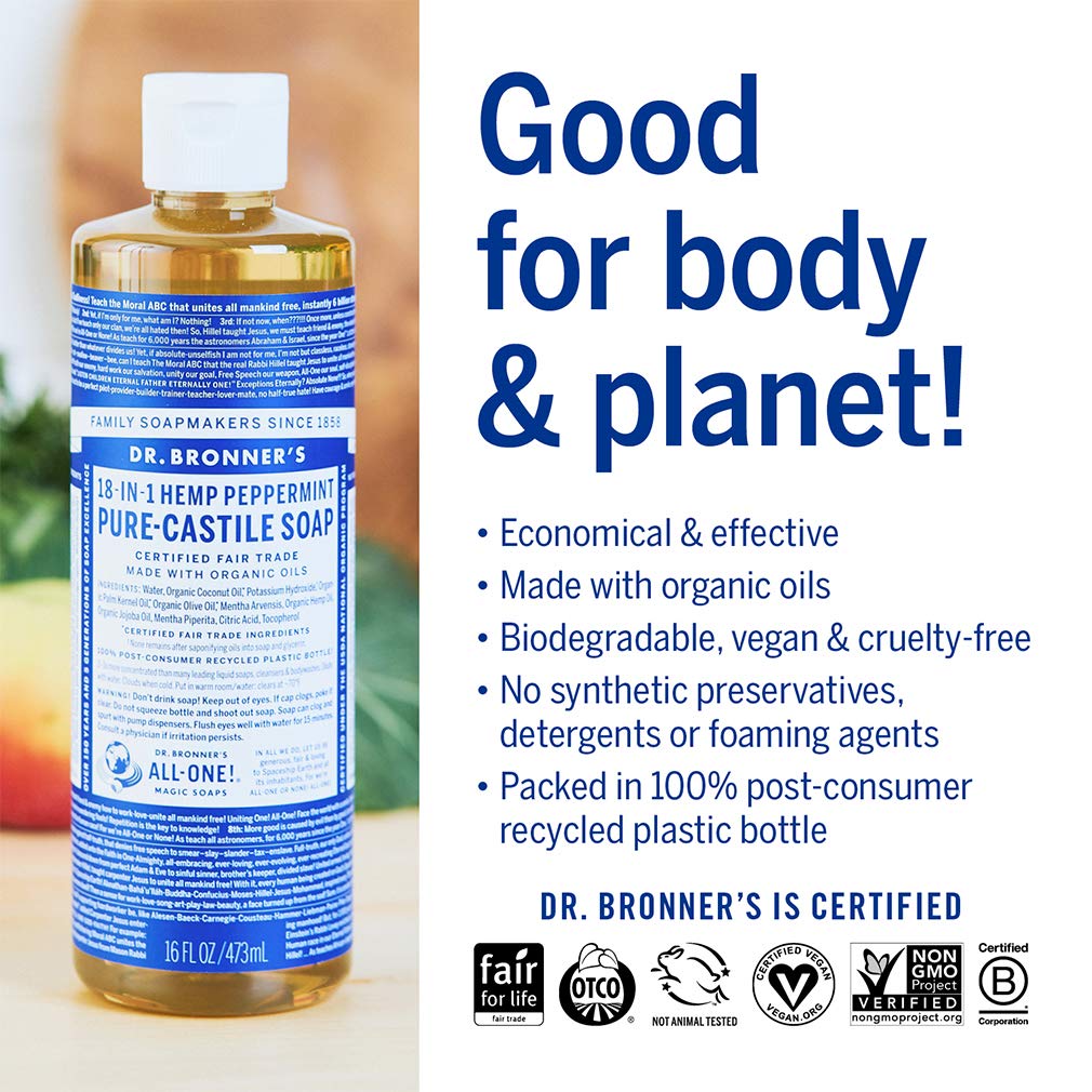 Dr. Bronner's Pure-Castile Liquid Soap Shower and Travel Pack - Peppermint 16oz. (2 Pack)